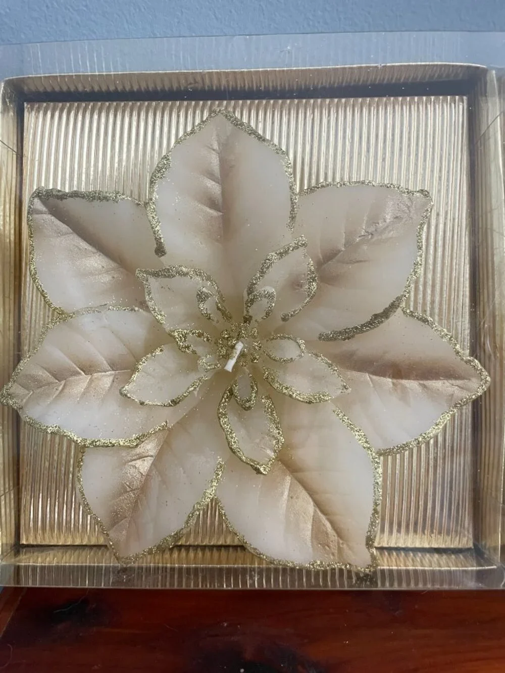 Set of 2 Poinsettia Candles Floating Cream Gold Glitter